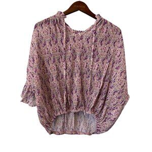 Hailey and Co Gauze Floral Tie Neck Blouse Size Large Ruffle VNeck Pink Bohemian